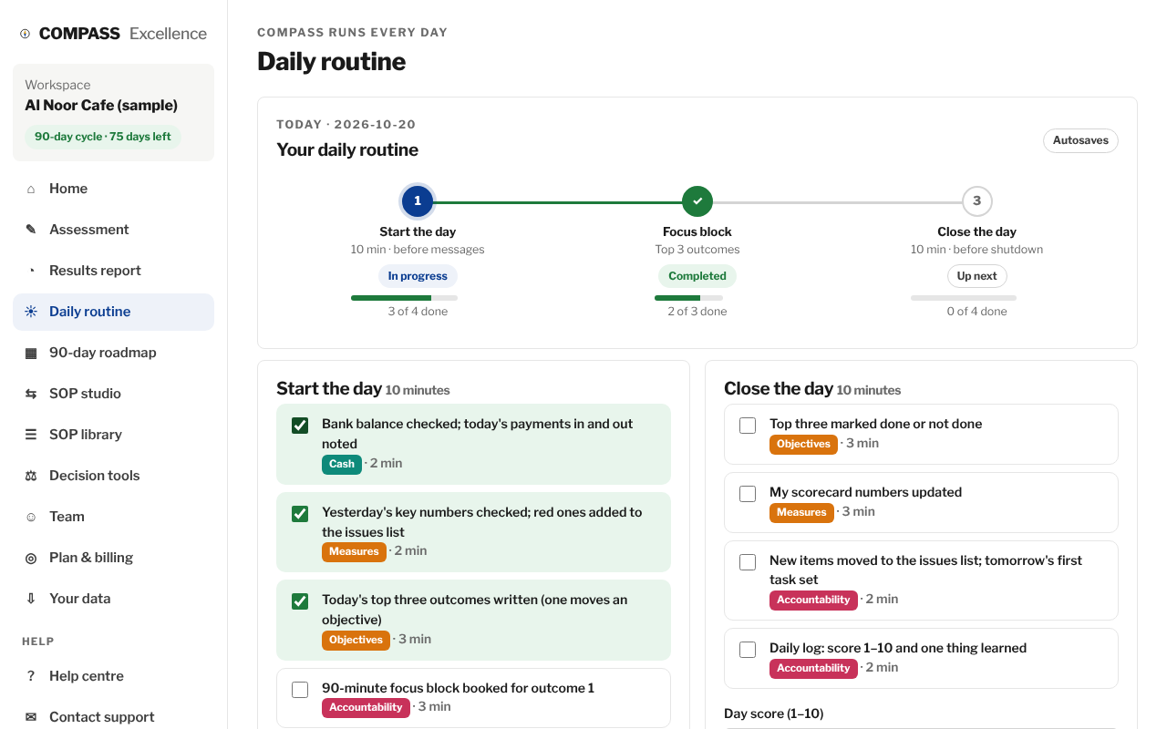 Start and close the day; the flow at the top shows what is done.
